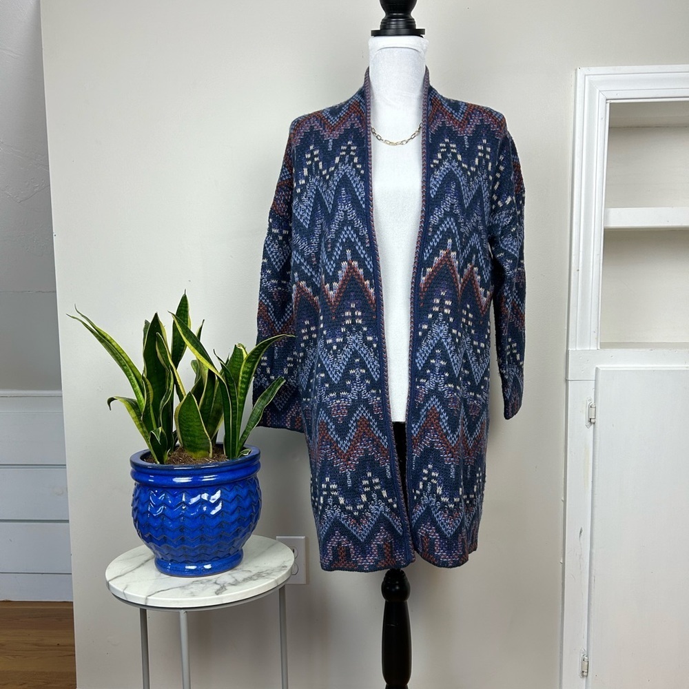 LUCKY BRAND Long Open Cardigan Southwest Chevron Print Sweater